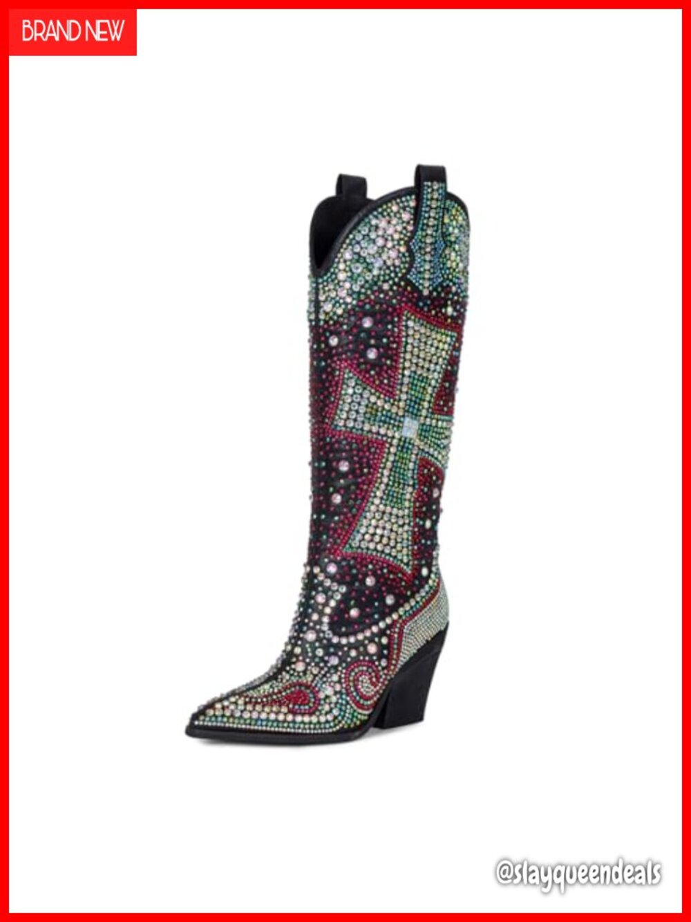 Knee High Rhinestone Western Cowboy Boots Faux Leather Chunky Heel